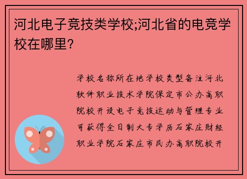 河北电子竞技类学校;河北省的电竞学校在哪里？